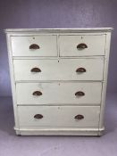 Antique chest of five drawers in pale green paint finish with original cup handles, approx 104cm x