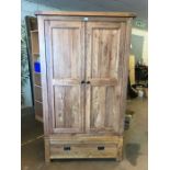 Modern oak two door wardrobe with hanging rail and drawer under, approx 106cm x 55cm x 192cm tall