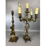 Two ornate brass table lamps (A/F), the largest approx 54cm tall