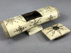 Three carved bone items to include two small lidded boxes (the largest approx 10cm in length) and