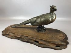 Cast Bronze pheasant on wooden plinth with applied copper and painted detailing, pheasant approx