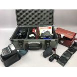 Camera Hard Case Box containing Pentax ME Super camera various lenses including Tokina 500mm 1:8