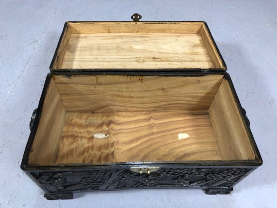 Small heavily carved Chinese camphor wood chest with brass fittings on square carved feet, approx - Image 3 of 9