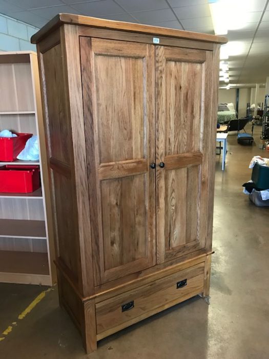 Modern oak two door wardrobe with hanging rail and drawer under, approx 106cm x 55cm x 192cm tall - Image 2 of 5