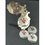 Four hand painted Mother of pearl counters each representing a playing card in a vase shaped holder