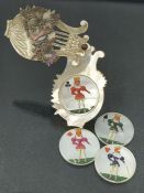 Four hand painted Mother of pearl counters each representing a playing card in a vase shaped holder