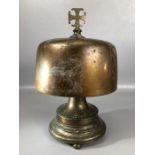 Interesting very heavy Brass and Copper bell mounted with a cross and on a stepped Circular base