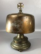 Interesting very heavy Brass and Copper bell mounted with a cross and on a stepped Circular base