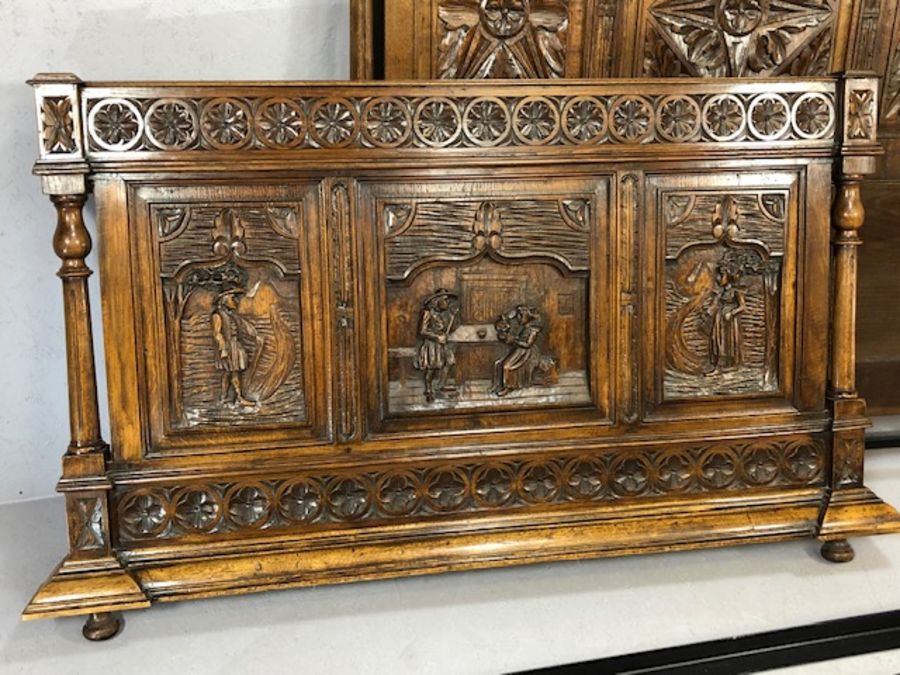 Ornately carved wooden Breton marriage bed, base frame approx 139cm wide x 195cm in length - Image 2 of 6