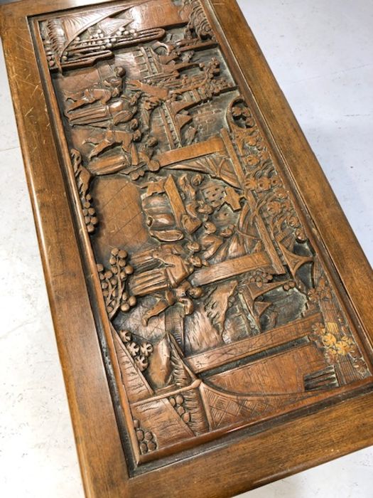 Heavily carved Chinese camphor wood chest with two internal trays, approx 103cm x 52cm x 60cm - Image 6 of 8