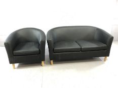 Modern black two seater sofa and matching armchair, on beech legs, sofa approx 142cm in length