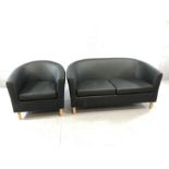 Modern black two seater sofa and matching armchair, on beech legs, sofa approx 142cm in length