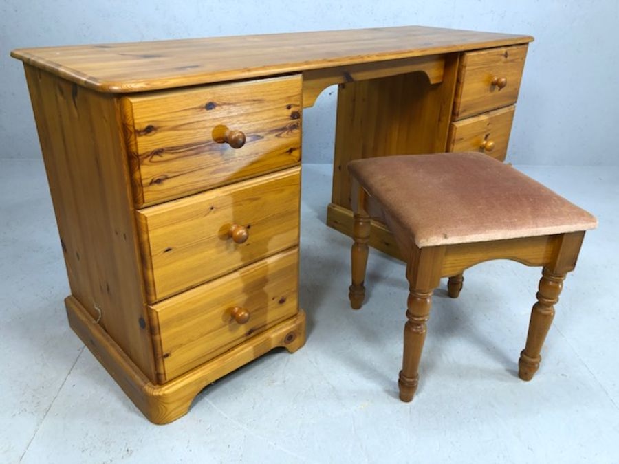 Pine dressing table or desk with three drawers either side, with stool - Image 6 of 6