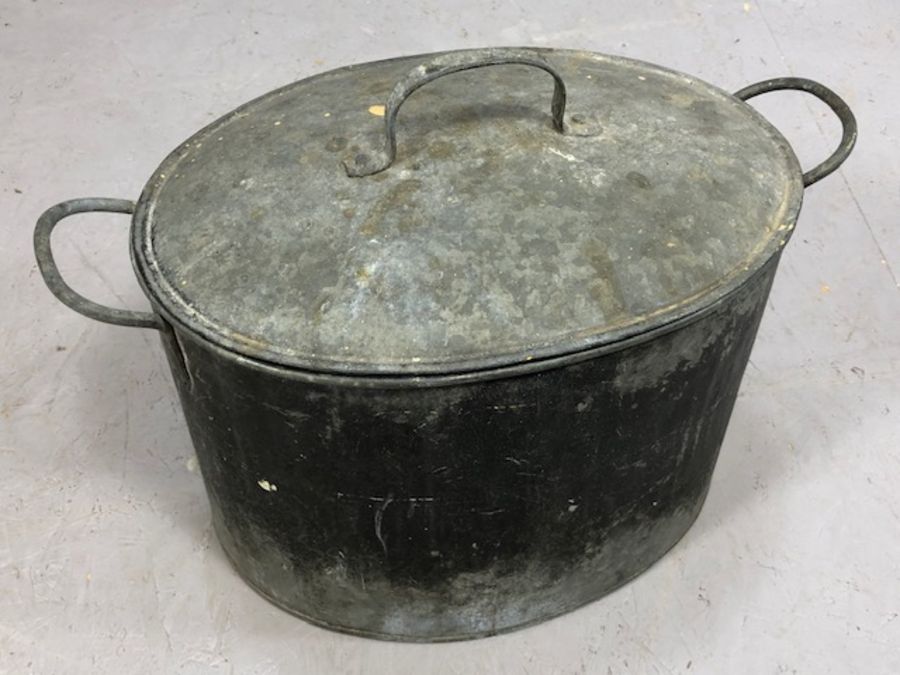 Large vintage galvanised twin handled pot with lid, approx 33cm tall - Image 2 of 3