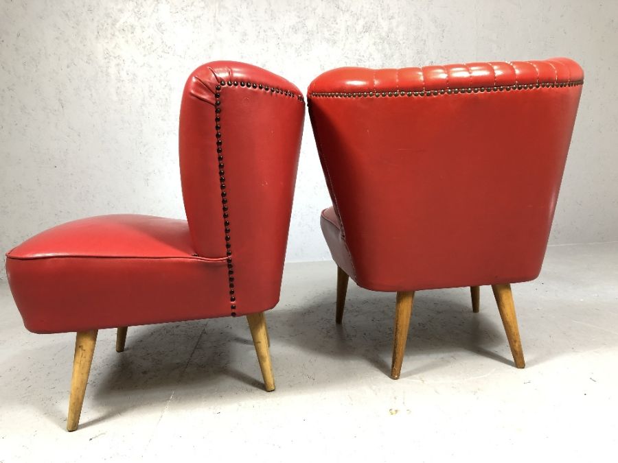 Pair of vintage / retro red upholstered low occasional chairs, with studded backs and tapering - Image 4 of 6