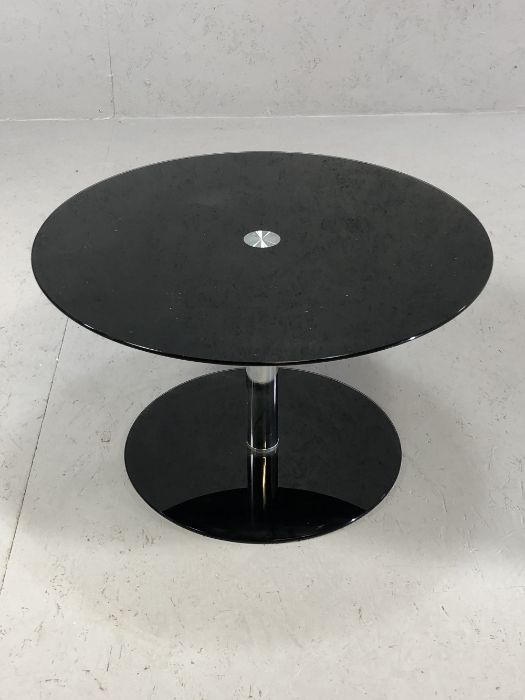 Modern black glass and chrome circular coffee table, approx 65cmin diameter x 39cm tall - Image 5 of 5