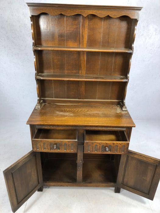 Oak linen fold dresser, drawers and cupboard under, shelves above, approx 92cm x 43cm x 174cm - Image 3 of 4