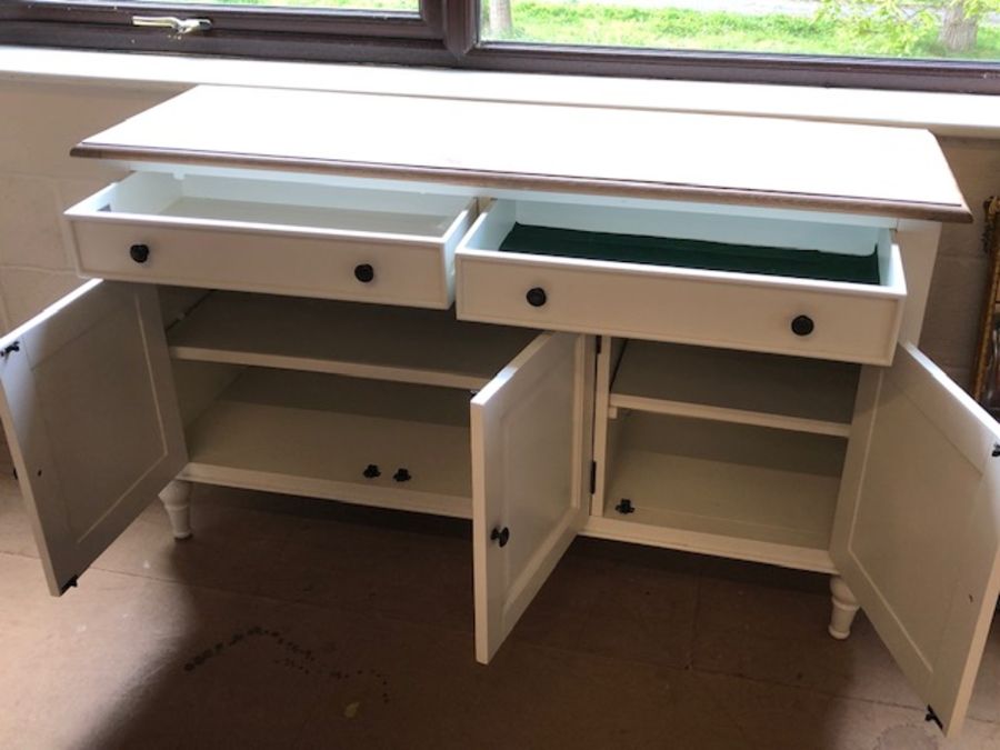 Modern white painted sideboard on turned legs with two drawers and cupboards under, approx 140cm x - Image 5 of 5