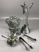 Collection of Arts and Crafts items to include white metal mounted glass jug and stopper with