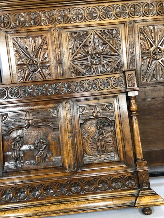 Ornately carved wooden Breton marriage bed, base frame approx 139cm wide x 195cm in length - Image 5 of 6