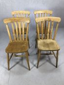 Set of four pine farmhouse slat back chairs on turned legs