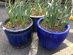Three blue glazed garden pots, all approx 34cm in height