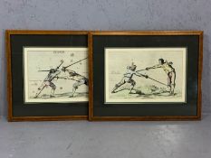 Pair of hand-coloured, framed fencing prints, signed Alferi 1653, each approx 36cm x 24cm