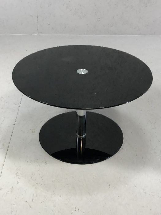 Modern black glass and chrome circular coffee table, approx 65cmin diameter x 39cm tall - Image 4 of 5