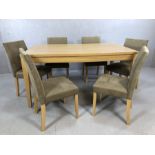 Modern beech effect dining table with six grey upholstered dining chairs, table approx 150cm x 90cm