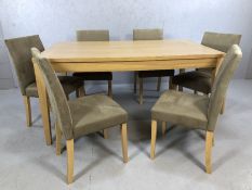Modern beech effect dining table with six grey upholstered dining chairs, table approx 150cm x 90cm