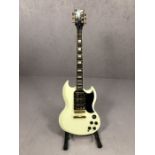 JHS Vintage three pickup electric guitar, white body, with stand