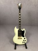 JHS Vintage three pickup electric guitar, white body, with stand