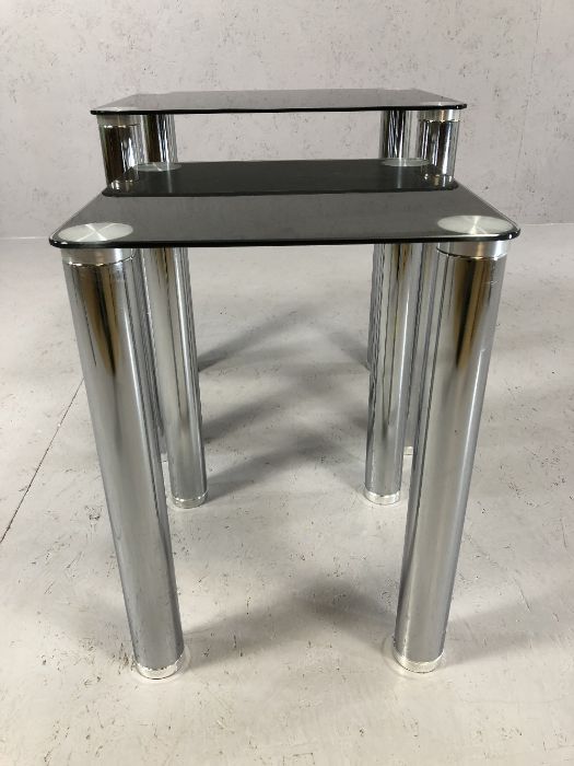 Modern black glass and chrome nest of two tables, largest approx 45cm x 35cm x 50cm tall - Image 2 of 4