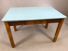 Mid Century blue Formica-topped kitchen table with silver coloured metal edging and single drawer