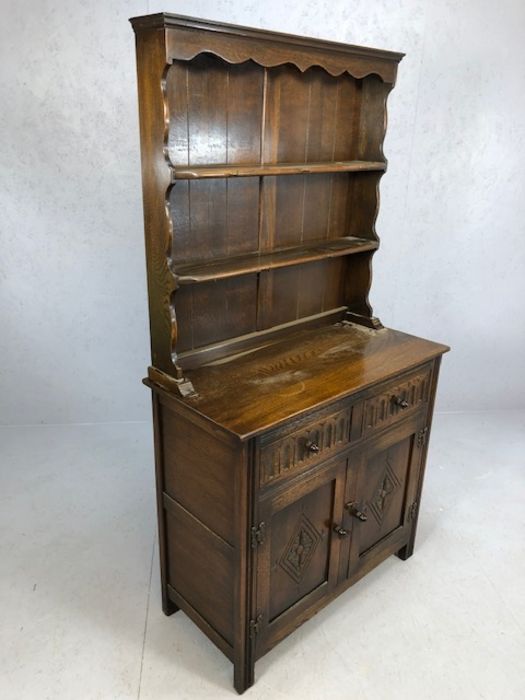 Oak linen fold dresser, drawers and cupboard under, shelves above, approx 92cm x 43cm x 174cm - Image 4 of 4