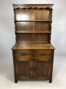 Oak linen fold dresser, drawers and cupboard under, shelves above, approx 92cm x 43cm x 174cm