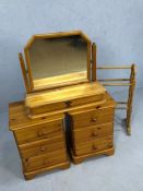 Pair of pine bedsides with dressing table mirror and pine towel rail