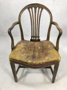 Leather seated wooden framed elbow chair with wheatsheaf design