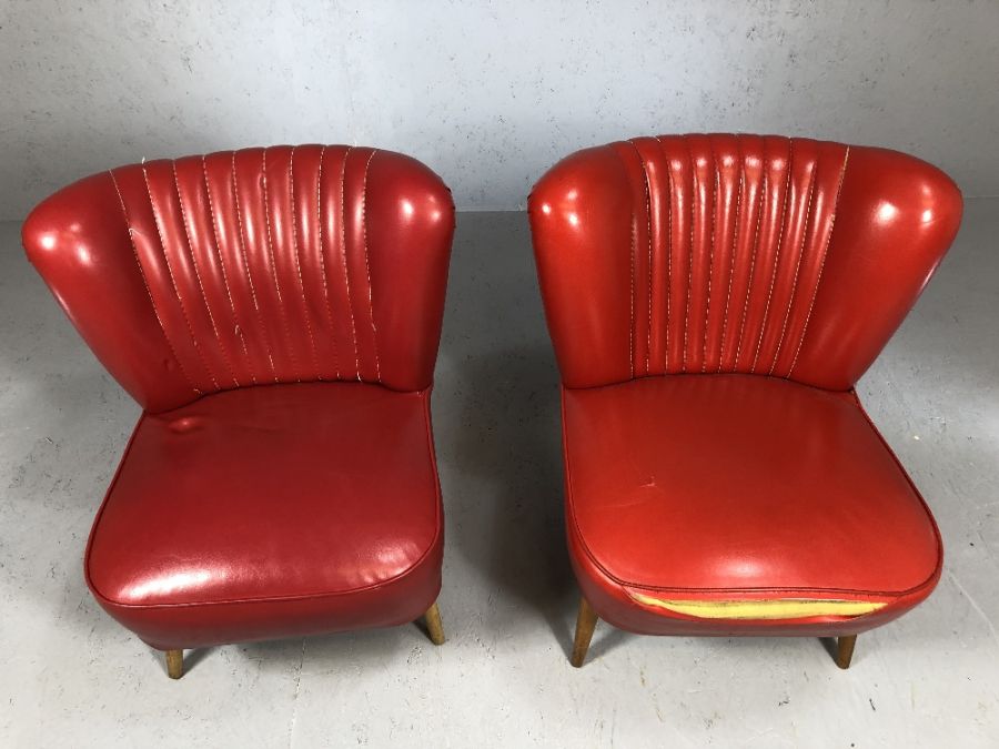 Pair of vintage / retro red upholstered low occasional chairs, with studded backs and tapering - Image 3 of 6