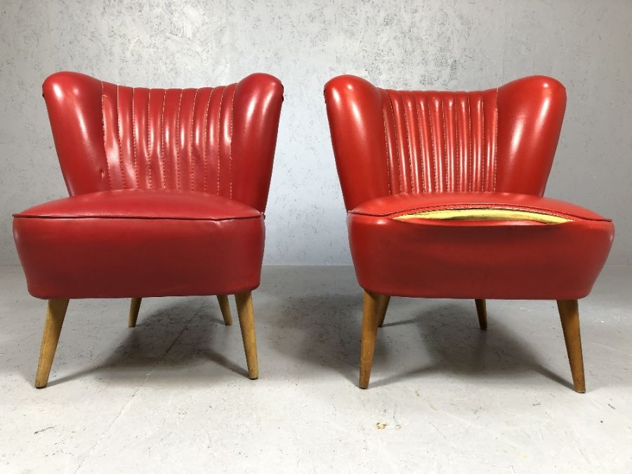 Pair of vintage / retro red upholstered low occasional chairs, with studded backs and tapering - Image 2 of 6