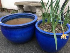 Two large blue glazed garden pots, largest approx 52cm in diameter