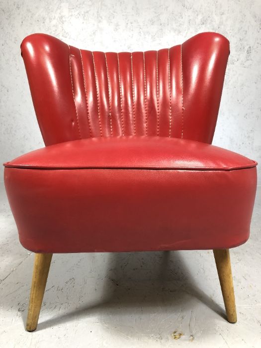 Pair of vintage / retro red upholstered low occasional chairs, with studded backs and tapering - Image 6 of 6