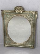 Antique German wooden mirror painted in Verdigris and silver leaf, with intricate detailing,