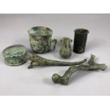 Collection of six bronze artefacts, of varying ages, to include handled cup, a lidded dish etc, some