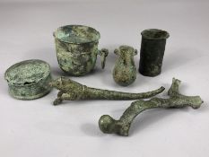 Collection of six bronze artefacts, of varying ages, to include handled cup, a lidded dish etc, some