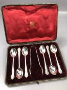 Boxed Victorian Hallmarked for Sheffield 1897 set of six silver spoons and sugar nips by maker Lee &