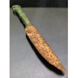 Small bronze and iron knife, possibly Roman, with detailing to handle, approx 14cm in length