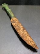 Small bronze and iron knife, possibly Roman, with detailing to handle, approx 14cm in length