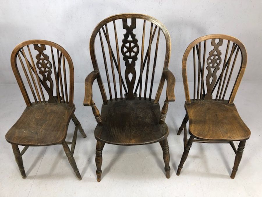 Four wheel back oak chairs, one carver - Image 3 of 3