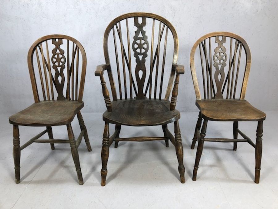 Four wheel back oak chairs, one carver - Image 2 of 3